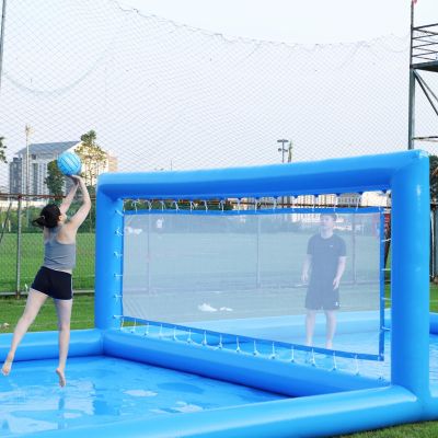 Inflatable Volleyball Court Blue Beach Volleyball Net Systems Outdoor 33ft Pool Inflatable Volleyball Court Set for in ground Pools for Adult Kids Summer Carnival PartyIncluding 800W Air Pump