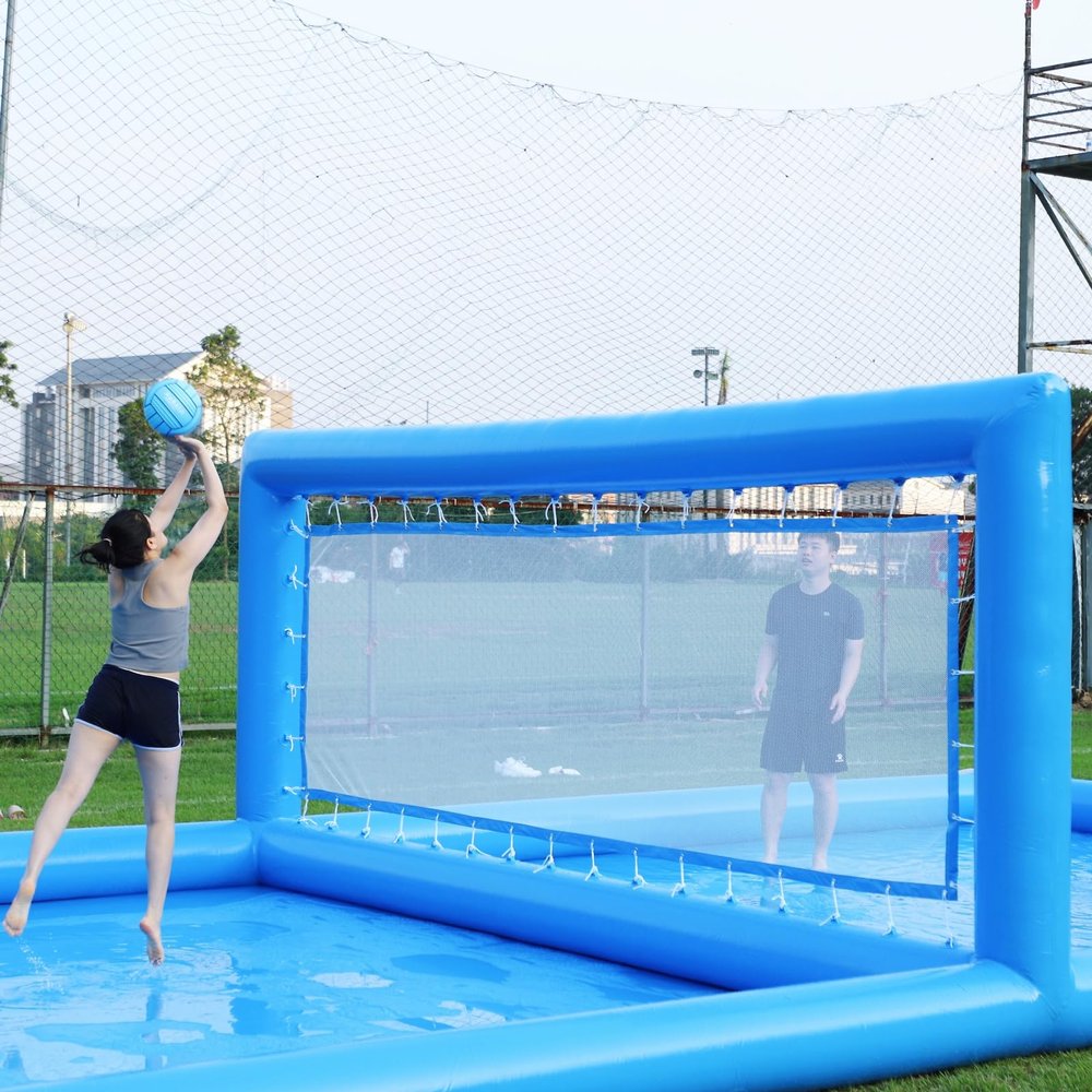 Inflatable Volleyball Court Blue Beach Volleyball Net Systems Outdoor 33ft Pool Inflatable Volleyball Court Set for in ground Pools for Adult Kids Summer Carnival PartyIncluding 800W Air Pump