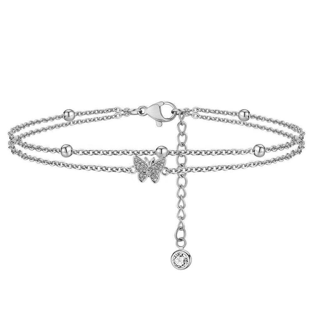 14k Gold Plated Butterfly Cubic Zirconia Dainty Link Anklet Beads Double Layered Bracelets Butterfly Anklet for Women Gilrs Boho Beach Jewelry Gifts-Silver