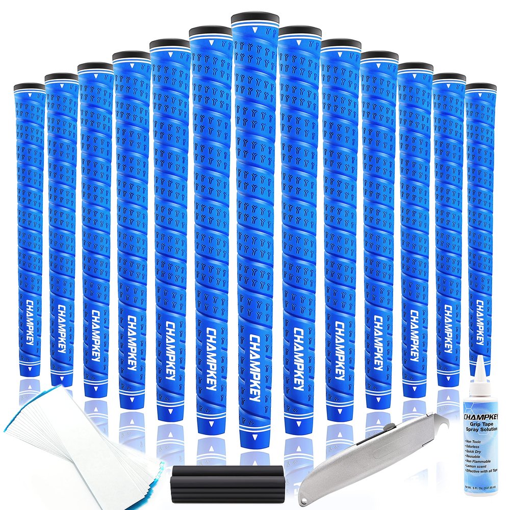 CHAMPKEY WRAP-Y Rubber Golf Grips 13 Pack Come with All Repair Kits - High Feedback and Traction Golf Club Grips(Midsize, Blue)