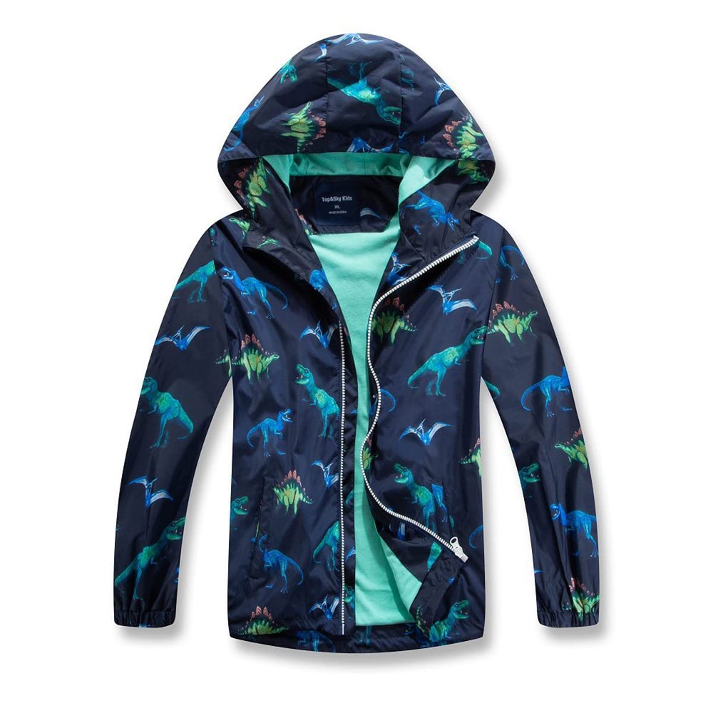 BINPAW Boys Girls Rain Jacket Hoods Waterproof Raincoats Kids Light Weight Windbreakers, Dinosaur1, 10-12 Years = Tag 150