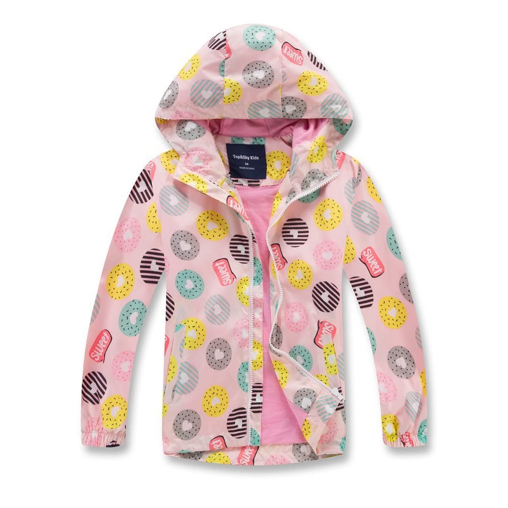 BINPAW Boys Girls Rain Jacket Hoods Waterproof Raincoats Kids Light Weight Windbreakers, Pink Doughnut, 8-9 Years = Tag 140