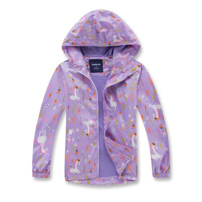 BINPAW Boys Girls Rain Jacket Hoods Waterproof Raincoats Kids Light Weight Windbreakers, Purple Unicorn, 6-7 Years = Tag 120