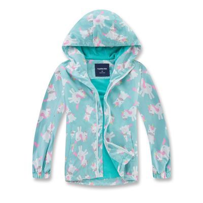 BINPAW Boys Girls Rain Jacket Hoods Waterproof Raincoats Kids Light Weight Windbreakers, Blue Unicorn, 8-9 Years = Tag 140