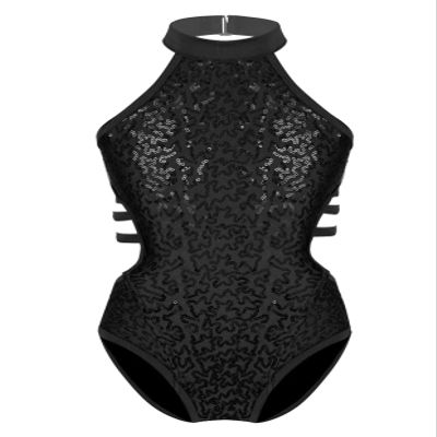 Jowowha Girls Sparkly Sequins Cutout Back Gymnastic Leotards Halter Neck One-Piece Ballet Dance Unitard Top Bodysuit Jumpsuit Black 10 Years