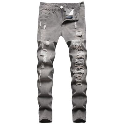 Maiyifu-GJ Men's Straight Leg Ripped Jeans Distressed Slim Fit Hip Hop Denim Jeans Casual Biker Jean Trousers with Hole (Grey,32)