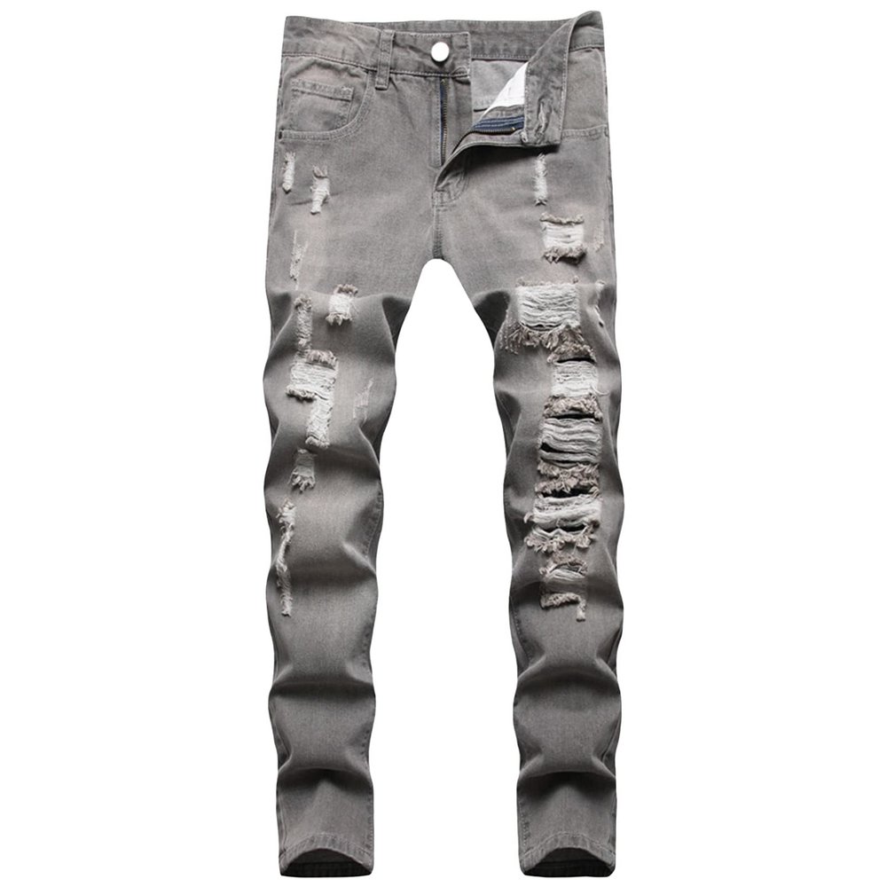 Maiyifu-GJ Men's Straight Leg Ripped Jeans Distressed Slim Fit Hip Hop Denim Jeans Casual Biker Jean Trousers with Hole (Grey,32)