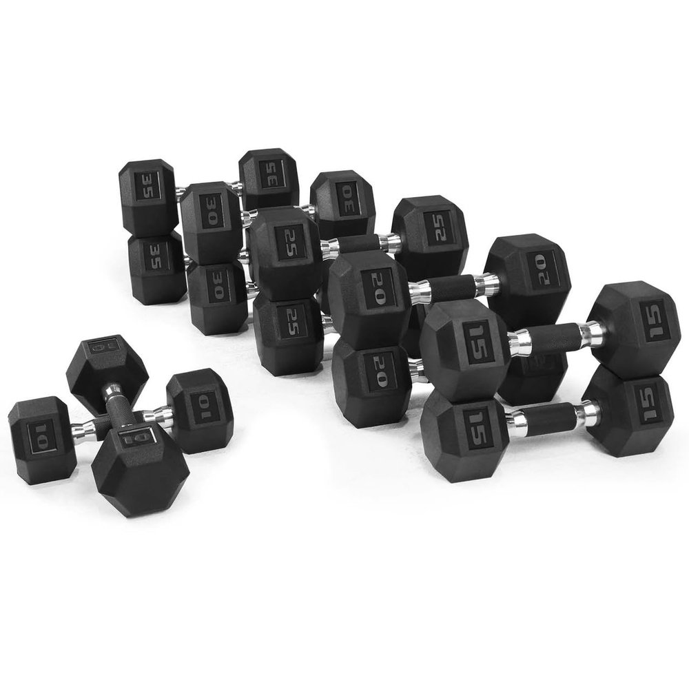 WF Athletic Supply Rubber Encased Hex Dumbbells with Rubber Grip Contoured Handle for Muscle Toning, Strength Building & Full Body Workout