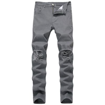 Men's Ripped Distressed Destroyed Jeans Stretch Vintage Hip Hop Jean with Holes Straight Leg Slim Fit Denim Pants (Dark Grey,36)