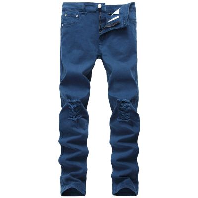 Men's Ripped Distressed Destroyed Jeans Stretch Vintage Hip Hop Jean with Holes Straight Leg Slim Fit Denim Pants (Blue 1,28)
