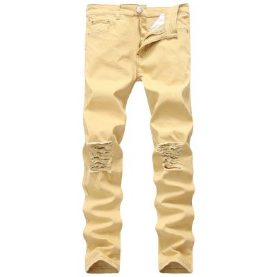 Maiyifu-GJ Men's Ripped Distressed Destroyed Jeans Stretch Vintage Hip Hop Jean with Holes Straight Leg Slim Fit Denim Pants (Khaki,42)