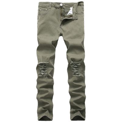Men's Ripped Distressed Destroyed Jeans Stretch Vintage Hip Hop Jean with Holes Straight Leg Slim Fit Denim Pants (Armygreen,38)