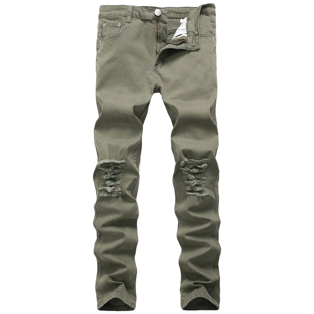Men's Ripped Distressed Destroyed Jeans Stretch Vintage Hip Hop Jean with Holes Straight Leg Slim Fit Denim Pants (Armygreen,38)
