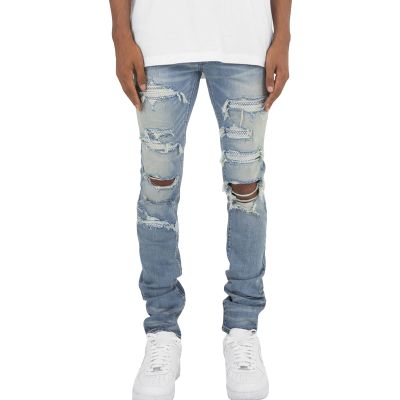 Men's Destroyed Hip Hop Jeans Vintage Distressed Ripped Denim Pencil Pants Skinny Slim Fit Stretch Ripped Jean (Light Blue,38)