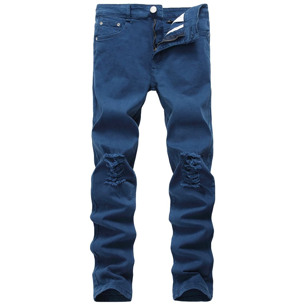 Men's Ripped Distressed Destroyed Jeans Stretch Vintage Hip Hop Jean with Holes Straight Leg Slim Fit Denim Pants (Blue 1,27)