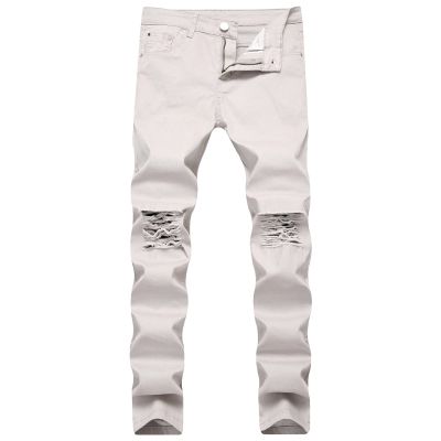 Men's Ripped Distressed Destroyed Jeans Stretch Vintage Hip Hop Jean with Holes Straight Leg Slim Fit Denim Pants (Light Grey,28)
