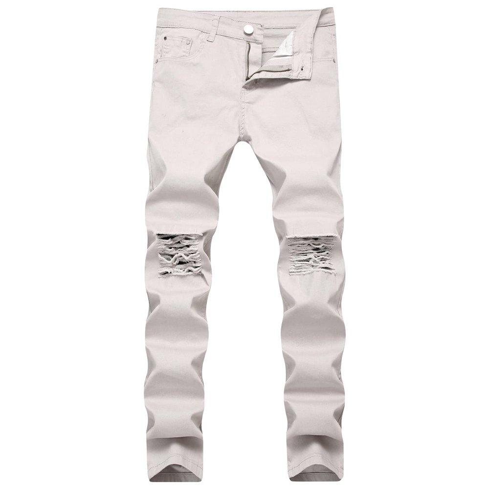 Men's Ripped Distressed Destroyed Jeans Stretch Vintage Hip Hop Jean with Holes Straight Leg Slim Fit Denim Pants (Light Grey,28)