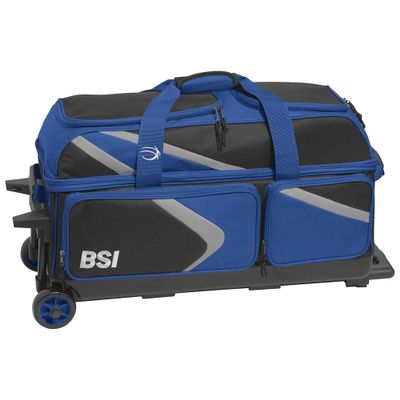 BSI Dash Triple Roller Bowling Bag with Smooth Rolling Wheels, Padded Ball Compartment, Retractable Locking Handle, & Shoe Pocket, Black/Blue/Gray