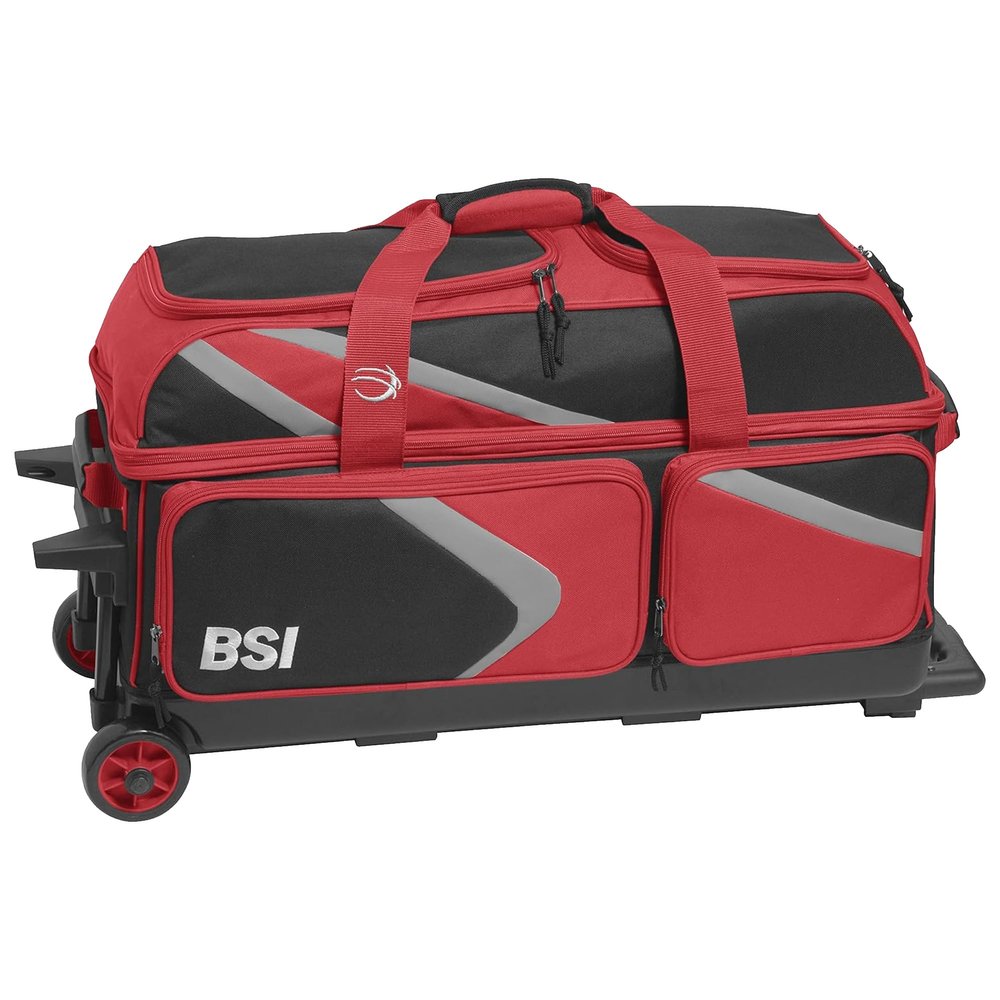 BSI Dash Triple Roller Bowling Bag with Smooth Rolling Wheels, Padded Ball Compartment, Retractable Locking Handle, & Shoe Pocket, Black/Red/Gray