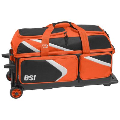 BSI Dash Triple Roller Bowling Bag with Smooth Rolling Wheels, Padded Ball Compartment, Retractable Locking Handle, & Shoe Pocket, Black/Orange/White