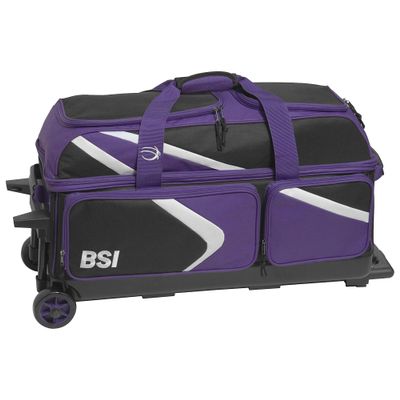 BSI Dash Triple Roller Bowling Bag with Smooth Rolling Wheels, Padded Ball Compartment, Retractable Locking Handle, & Shoe Pocket, Black/Purple/White