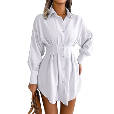 Estink Women's V Neck Mini Shirt Dress Tunic Casual Long Sleeve Buttons Ruched Knee Length Casual Dress(m-White)