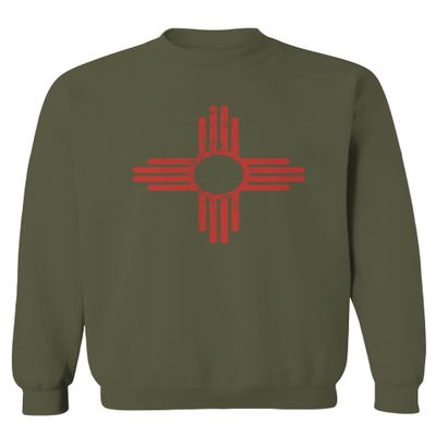 0495. Vintage Retro New Mexico Zia Sun Symbol State Flag Men's Crewneck Sweatshirt (Olive, Small)