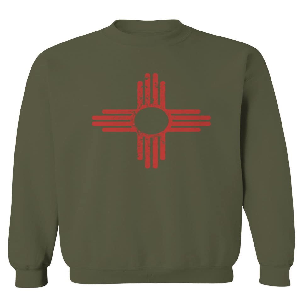 0495. Vintage Retro New Mexico Zia Sun Symbol State Flag Men's Crewneck Sweatshirt (Olive, Small)