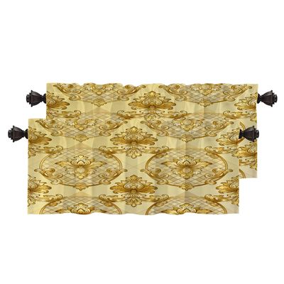 BaoNews Damask Floarl Kitchen Valances for Windows,Golden Damask Flowers Baroque Classicism Blackout Valances Curtains Multilayer Polyester Drapes for Kitchen Bedroom 2 Pack 52X18 Inches