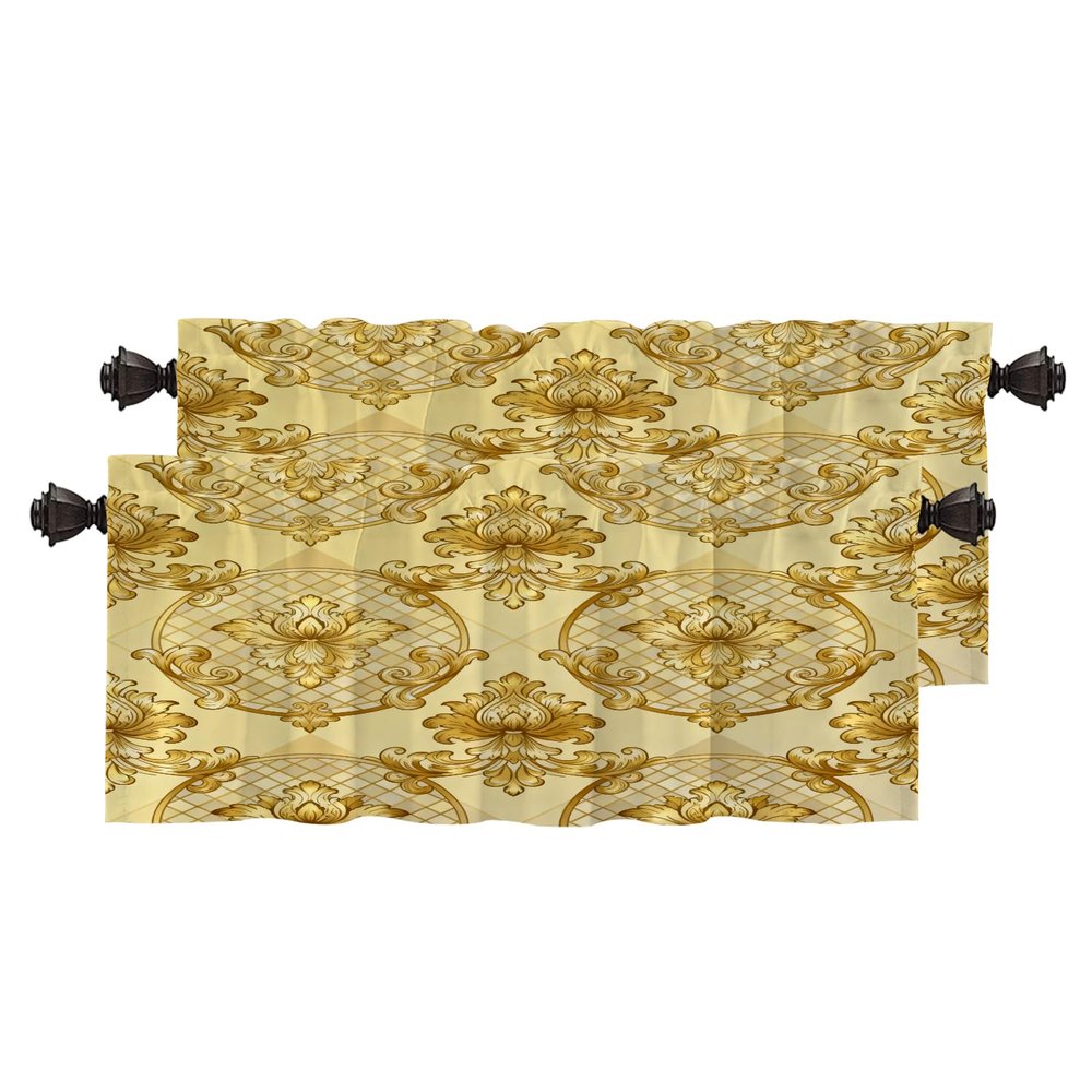 BaoNews Damask Floarl Kitchen Valances for Windows,Golden Damask Flowers Baroque Classicism Blackout Valances Curtains Multilayer Polyester Drapes for Kitchen Bedroom 2 Pack 52X18 Inches