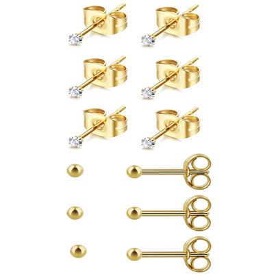 14K Gold Plated Tiny 2MM Ball & CZ Stud Earrings Set: Small Dot Ear Studs Multipack Surgical Steel Hypoallergenic | Mini Cubic Zirconia Post Earrings for Women Men, Pack of 6 Pairs