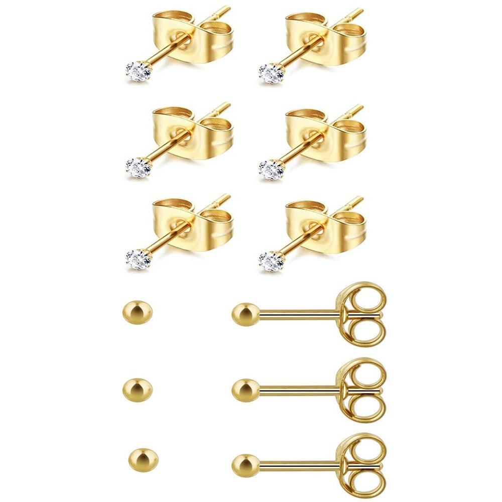14K Gold Plated Tiny 2MM Ball & CZ Stud Earrings Set: Small Dot Ear Studs Multipack Surgical Steel Hypoallergenic | Mini Cubic Zirconia Post Earrings for Women Men, Pack of 6 Pairs