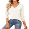 QUALFORT Sweaters for Women 100% Cotton Sweater V Neck Long Sleeve Knitted Jumper Tops Off White X-Large view 1