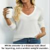 QUALFORT Sweaters for Women 100% Cotton Sweater V Neck Long Sleeve Knitted Jumper Tops Off White X-Large view 2
