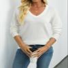 QUALFORT Sweaters for Women 100% Cotton Sweater V Neck Long Sleeve Knitted Jumper Tops Off White X-Large view 4