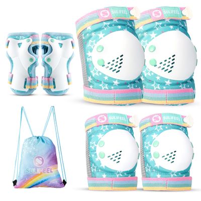 SULIFEEL Rainbow Unicorn Knee Pads for Kids Knee Elbow Pads Wrist Guards with Drawstring Bag Adjustable Protective Gear Set for Girls Roller Skating Bike Cycling Skateboard Scooter Green Small