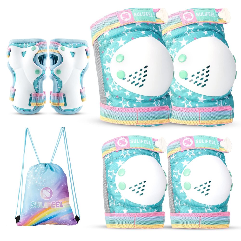 SULIFEEL Rainbow Unicorn Knee Pads for Kids Knee Elbow Pads Wrist Guards with Drawstring Bag Adjustable Protective Gear Set for Girls Roller Skating Bike Cycling Skateboard Scooter Green Small