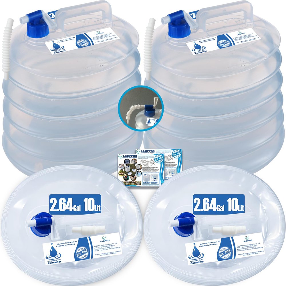 2 Pack - 2.64/3.96 Gallon Premium Collapsible Water Containers: Large Capacity Food - Grade LDPE, BPA - Free, Ultimate for Camping & Hiking. with a Patented Leak - Proof Faucet Design