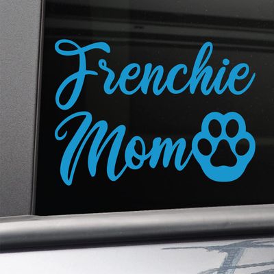 Frenchie Mom French Bulldog Vinyl Decal Laptop Car Truck Bumper Window Sticker, 5.5" x 3.5", Blue