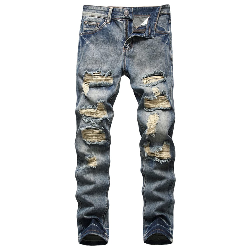 Men Ripped Slim Fit Jeans Destroyed Distressed Straight Denim Pants Vintage Mid Waist Washed Biker Jean Trousers (Dark Blue 2,34)