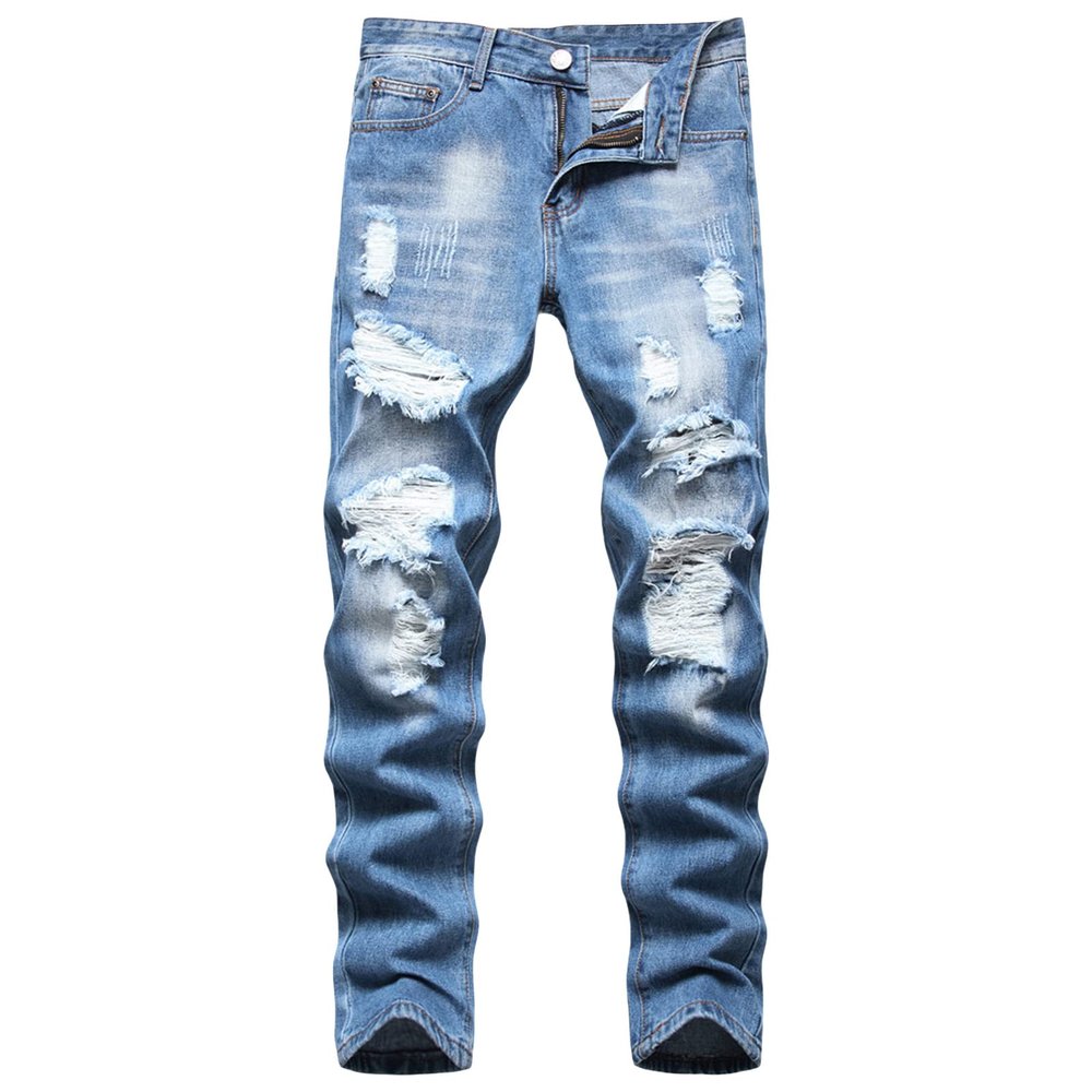 Men Ripped Slim Fit Jeans Destroyed Distressed Straight Denim Pants Vintage Mid Waist Washed Biker Jean Trousers (Light Blue,34)