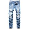 Men Ripped Slim Fit Jeans Destroyed Distressed Straight Denim Pants Vintage Mid Waist Washed Biker Jean Trousers (Light Blue,34)