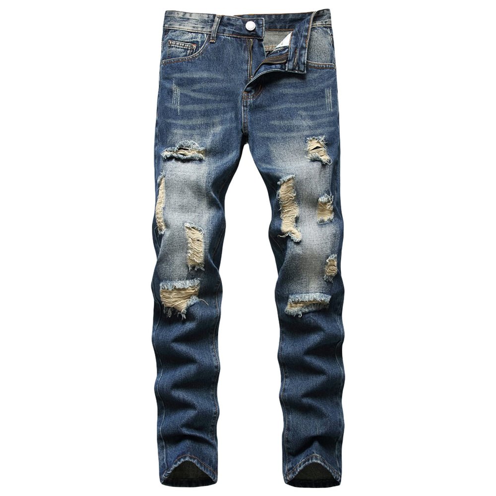 Men Ripped Slim Fit Jeans Destroyed Distressed Straight Denim Pants Vintage Mid Waist Washed Biker Jean Trousers (Dark Blue 1,28)