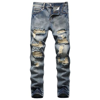Men Ripped Slim Fit Jeans Destroyed Distressed Straight Denim Pants Vintage Mid Waist Washed Biker Jean Trousers (Dark Blue 2,30)