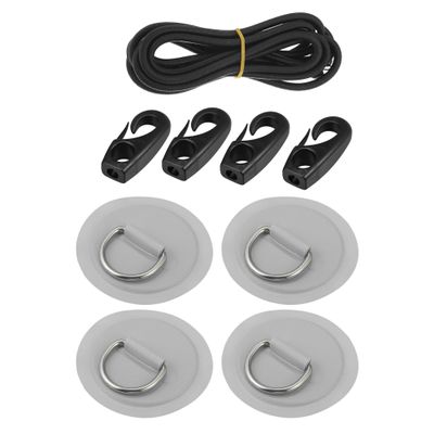 X AUTOHAUX 4pcs 8cm Gray D Ring Patch PVC Stainless Steel Round Shape D Ring Pad Set for Inflatable Boat Kayak Canoe Deck with 2.5m Rope Hooks
