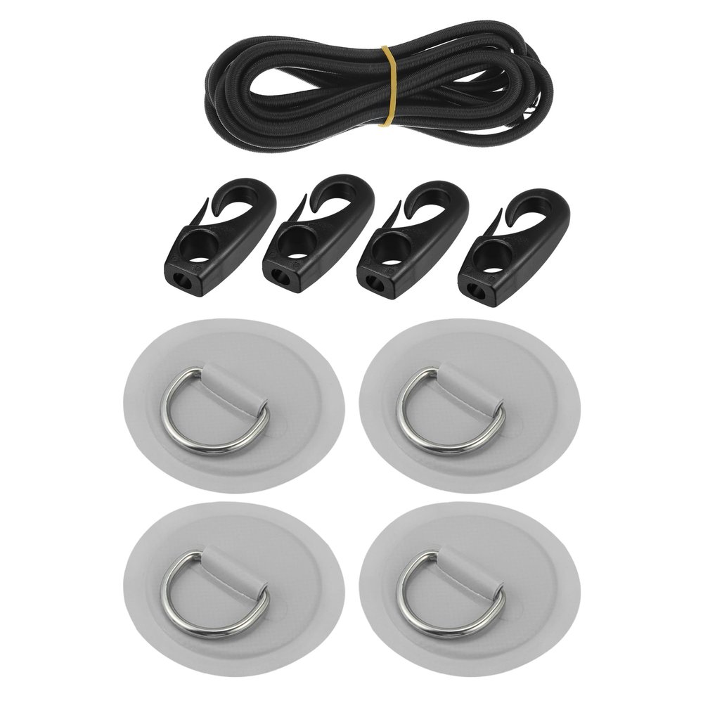 X AUTOHAUX 4pcs 8cm Gray D Ring Patch PVC Stainless Steel Round Shape D Ring Pad Set for Inflatable Boat Kayak Canoe Deck with 2.5m Rope Hooks
