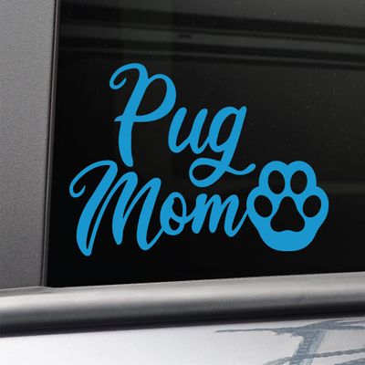Pug Mom Vinyl Decal Laptop Car Truck Bumper Window Sticker, 5.5" x 3.5", Blue