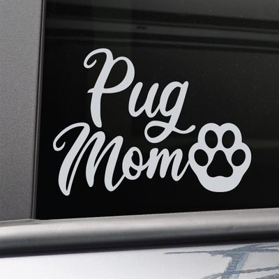 Pug Mom Vinyl Decal Laptop Car Truck Bumper Window Sticker, 5.5" x 3.5", Gray