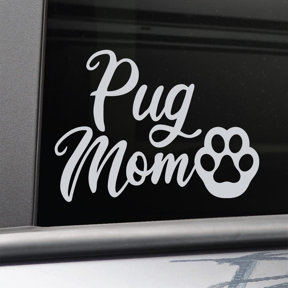 Pug Mom Vinyl Decal Laptop Car Truck Bumper Window Sticker, 5.5" x 3.5", Gray