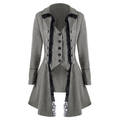Women's Renaissance Gothic Lace Steampunk Thin Jacket Victorian Medieval Coat German Trench Coat Halloween Costume Gray